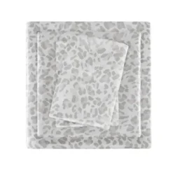 Bed Sheets-Kirkland's Home Gray Leopard Print Satin 4-Pc. King Sheet Set White/Gray