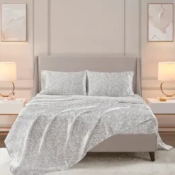 Bed Sheets-Kirkland's Home Gray Leopard Print Satin 4-Pc. King Sheet Set White/Gray