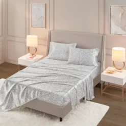 Bed Sheets-Kirkland's Home Gray Leopard Print Satin 4-Pc. King Sheet Set White/Gray