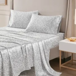 Bed Sheets-Kirkland's Home Gray Leopard Print Satin 4-Pc. King Sheet Set White/Gray
