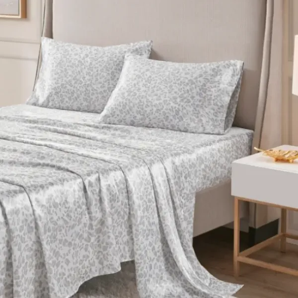 Bed Sheets-Kirkland's Home Gray Leopard Print Satin 4-Pc. King Sheet Set White/Gray