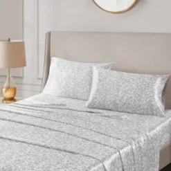 Bed Sheets-Kirkland's Home Gray Leopard Satin Standard 2-Pc. Pillow Case Set White/Gray