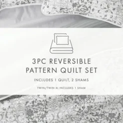 Quilts-Kirkland's Home Gray Patchwork Reversible 3-Pc. Queen Quilt Set Gray/White