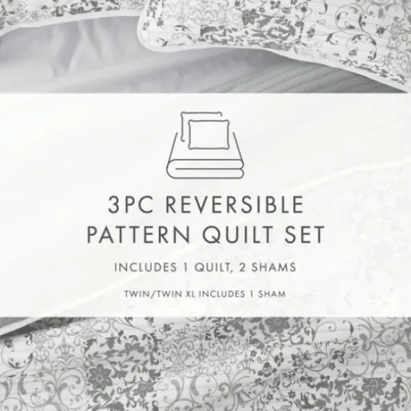 Quilts-Kirkland's Home Gray Patchwork Reversible 3-Pc. King Quilt Set Gray/White