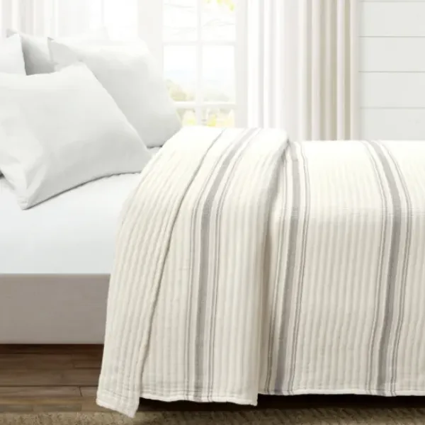 Quilts-Kirkland's Home Gray Pick Stitch Stripe King Quilt Gray/White