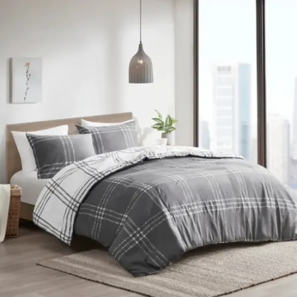 Duvets-Kirkland's Home Gray Plaid Reversible 3-Pc. King Duvet Cover Set Gray/White