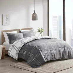 Duvets-Kirkland's Home Gray Plaid Reversible 3-Pc. Queen Duvet Cover Set Gray/White