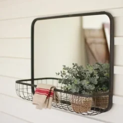Decorative Mirrors-Kirkland's Home Gray Rectangular Mirror With Wire Basket