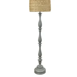 Floor Lamps-Kirkland's Home Gray Resin Floor Lamp With Hand Woven Raffia Shade Gray/Brown