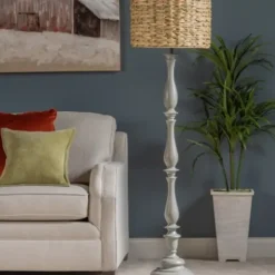 Floor Lamps-Kirkland's Home Gray Resin Floor Lamp With Hand Woven Raffia Shade Gray/Brown