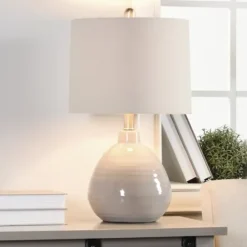 Table Lamps-Kirkland's Home Gray Ribbed Ceramic Table Lamp Ivory