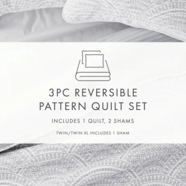 Quilts-Kirkland's Home Gray Scalloped Reversible 3-Pc. King Quilt Set Gray/White