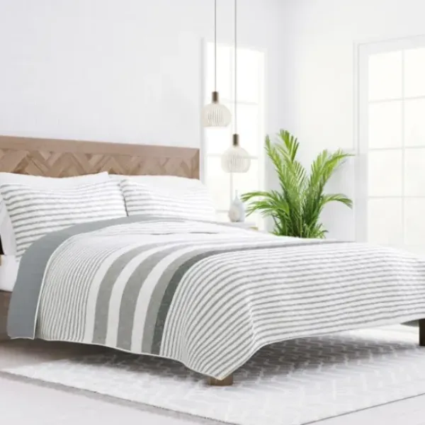 Quilts-Kirkland's Home Gray Striped Reversible 3-Pc. Queen Quilt Set Gray/White