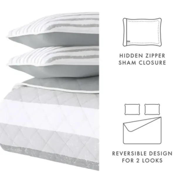 Quilts-Kirkland's Home Gray Striped Reversible 3-Pc. Queen Quilt Set Gray/White