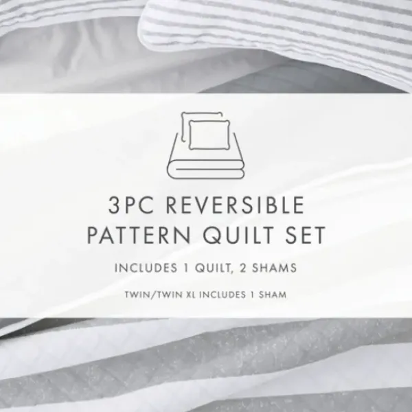 Quilts-Kirkland's Home Gray Striped Reversible 3-Pc. Queen Quilt Set Gray/White