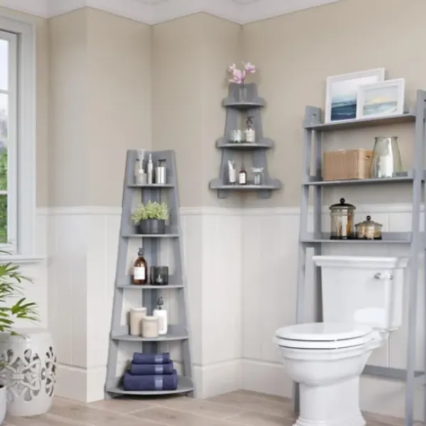 Bookshelves-Kirkland's Home Gray 5-Tier Corner Ladder Bookshelf