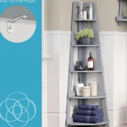 Bookshelves-Kirkland's Home Gray 5-Tier Corner Ladder Bookshelf