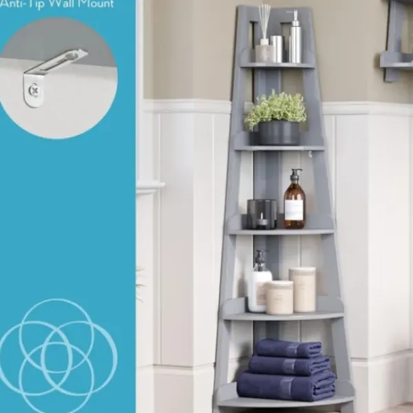 Bookshelves-Kirkland's Home Gray 5-Tier Corner Ladder Bookshelf