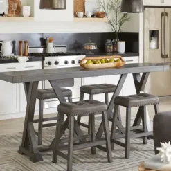 Dining Tables-Kirkland's Home Gray Trestle Base Wooden Counter Table