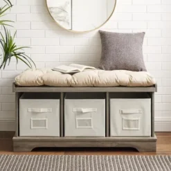 Benches & Ottomans-Kirkland's Home Gray Wash Entryway Bench And Storage Bins Tan