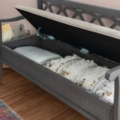 Benches & Ottomans-Kirkland's Home Gray Wood Upholstered Storage Bench Gray/White