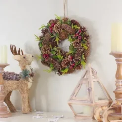 Wreaths-Kirkland's Home Green And Brown Pinecone Mini Wreath Red/Brown