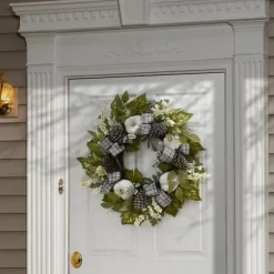 Wreaths-Kirkland's Home Green And Gray Ribbon Harvest Mix Wreath Green/Gray/White