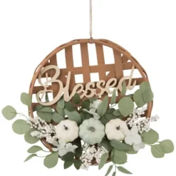 Wreaths-Kirkland's Home Green And White Pumpkins Woven Blessed Wreath Brown/Green