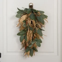 Wreaths-Kirkland's Home Green Eucalyptus And Heather Wheat Teardrop Swag Green/Tan