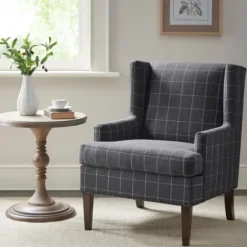 Accent Chairs-Kirkland's Home Grid Plaid Upholstered Martha Stewart Accent Chair Gray