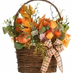 Arrangements & Greenery-Kirkland's Home Harvest Arrangement In Woven Wall Basket Green/Orange/Brown