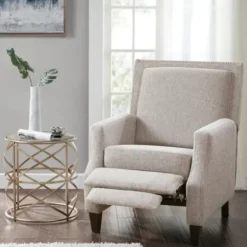 Accent Chairs-Kirkland's Home High Back Nail Head Trim Upholstered Recliner Gray