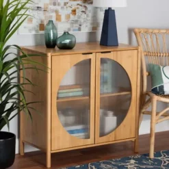 Cabinets & Sideboards-Kirkland's Home Honey Crescent Window 2-Door Cabinet Brown