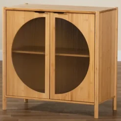 Cabinets & Sideboards-Kirkland's Home Honey Crescent Window 2-Door Cabinet Brown
