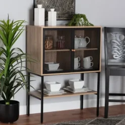 Cabinets & Sideboards-Kirkland's Home Honey Wood And Metal Mesh Cabinet Brown