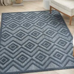 Outdoor Rugs-Kirkland's Home Ikat Coral Sea Blue Outdoor Area Rug, 5X7 White/Yellow/Blue