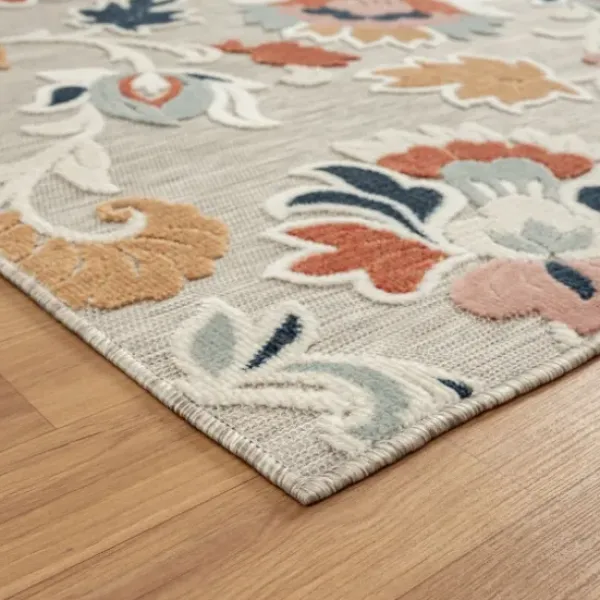 Outdoor Rugs-Kirkland's Home Ikat Coral White Sand Outdoor Area Rug, 5X7 White/Tan/Blue