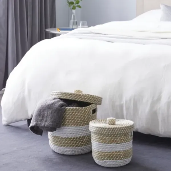 Baskets & Boxes-Kirkland's Home Indigo Bold Striped Jute Basket, 17 In. Blue/Ivory