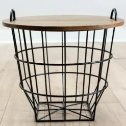 Accent & End Tables-Kirkland's Home Industrial Wire And Wood Basket Side Table Black