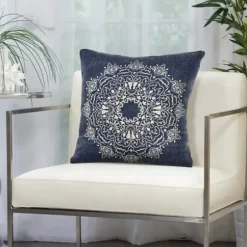 Pillows-Kirkland's Home Intricate Medallion Navy And Cream Pillow Blue/White