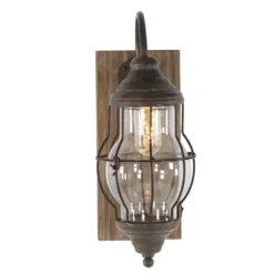 Sconces-Kirkland's Home Iron Glass Incased Wood Back Led Wall Sconce