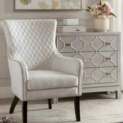 Accent Chairs-Kirkland's Home Ivory Lanea Quilted Accent Chair With Silver Studs White