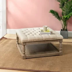 Benches & Ottomans-Kirkland's Home Ivory Linen Low Base Tufted Ottoman White