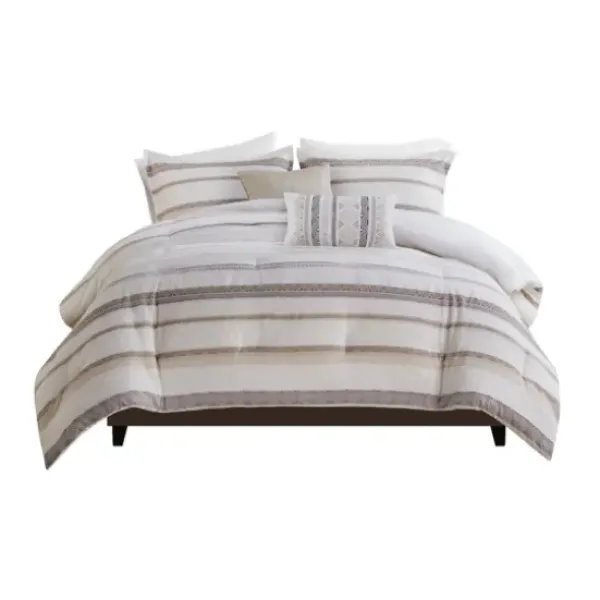 Comforters-Kirkland's Home Jacquard Stripe 5-Pc. Cali King Comforter Set White/Gray/Tan