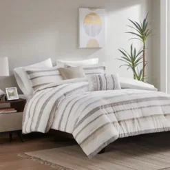 Comforters-Kirkland's Home Jacquard Stripe 5-Pc. Cali King Comforter Set White/Gray/Tan