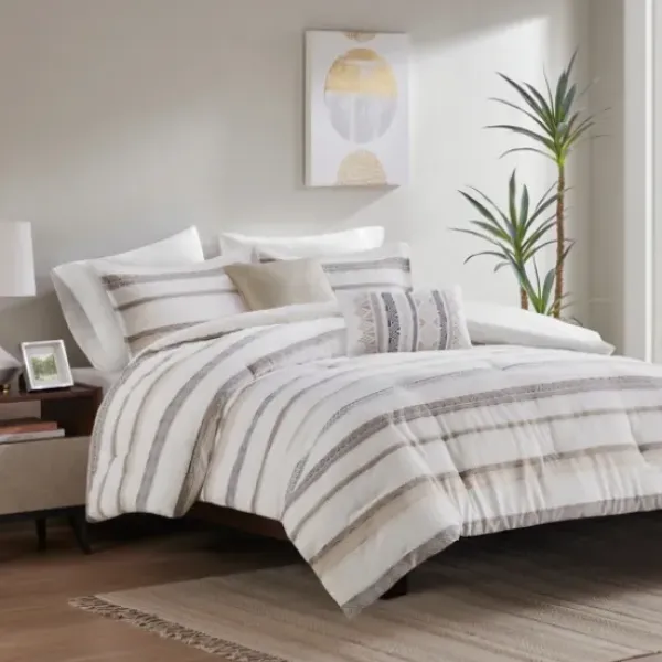 Comforters-Kirkland's Home Jacquard Stripe 5-Pc. Cali King Comforter Set White/Gray/Tan