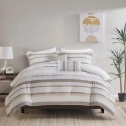 Comforters-Kirkland's Home Jacquard Stripe 5-Pc. Cali King Comforter Set White/Gray/Tan