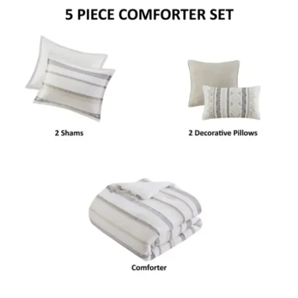 Comforters-Kirkland's Home Jacquard Stripe 5-Pc. Cali King Comforter Set White/Gray/Tan