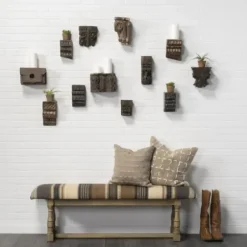 Benches & Ottomans-Kirkland's Home Jute Striped Natural Wood Bench Brown/White/Gray