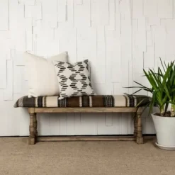 Benches & Ottomans-Kirkland's Home Jute Striped Natural Wood Bench Brown/White/Gray